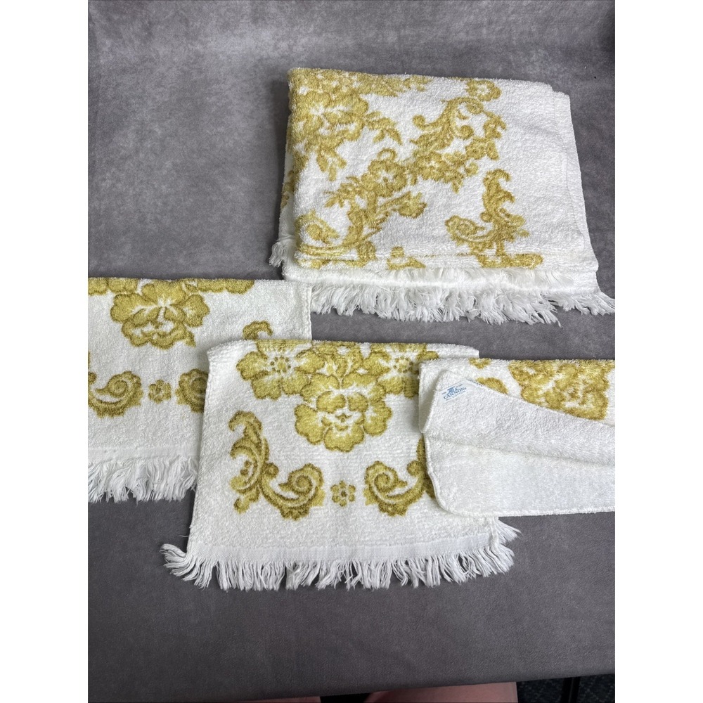 Cannon VTG Floral Fold‎ & White Fringe Towel Set Hand Bath USA Cotton